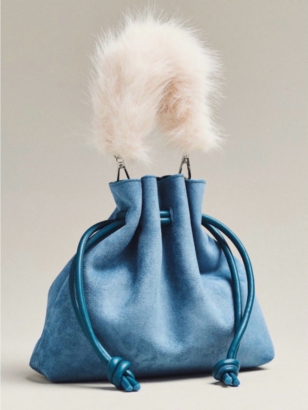 Anthropologie Cinched Suede Faux Fur Bucket Bag Light Blue Crossbody Strap New